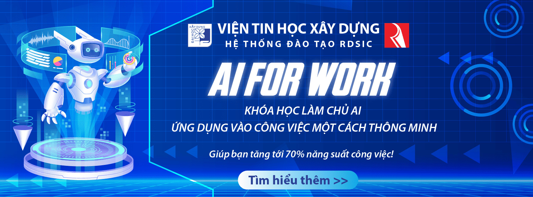 Ảnh banner khóa học AI For Work, minh họa ứng dụng công nghệ hiện đại để tối ưu hóa hiệu suất, góp phần tìm ra giải pháp cho các nguyên nhân vứt rác bừa bãi.