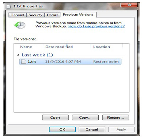 Ảnh minh họa hộp thoại Previous Versions trong Windows 7, giúp khôi phục các phiên bản cũ của file bị xóa.
