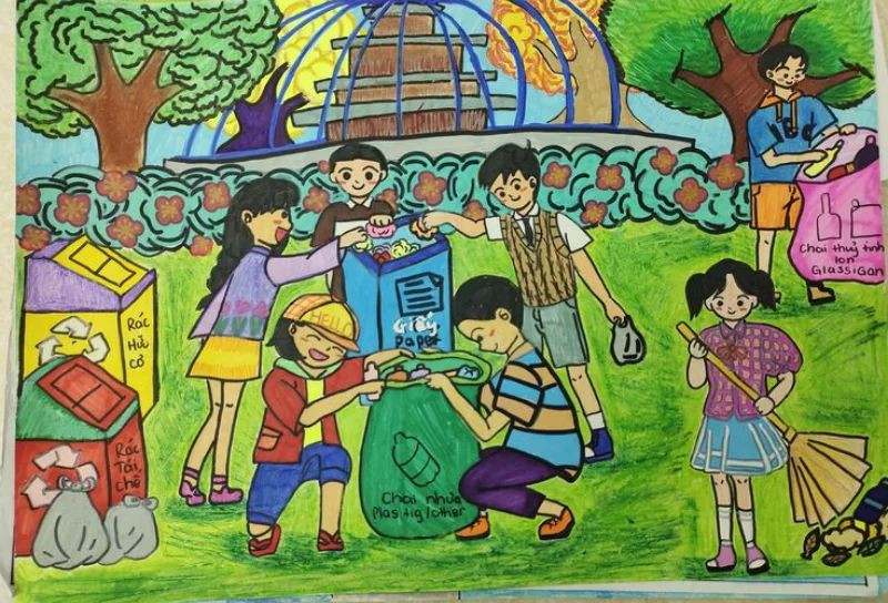Ảnh vẽ tranh tái chế môi trường, biến chai lọ nhựa thành cây xanh sống động.