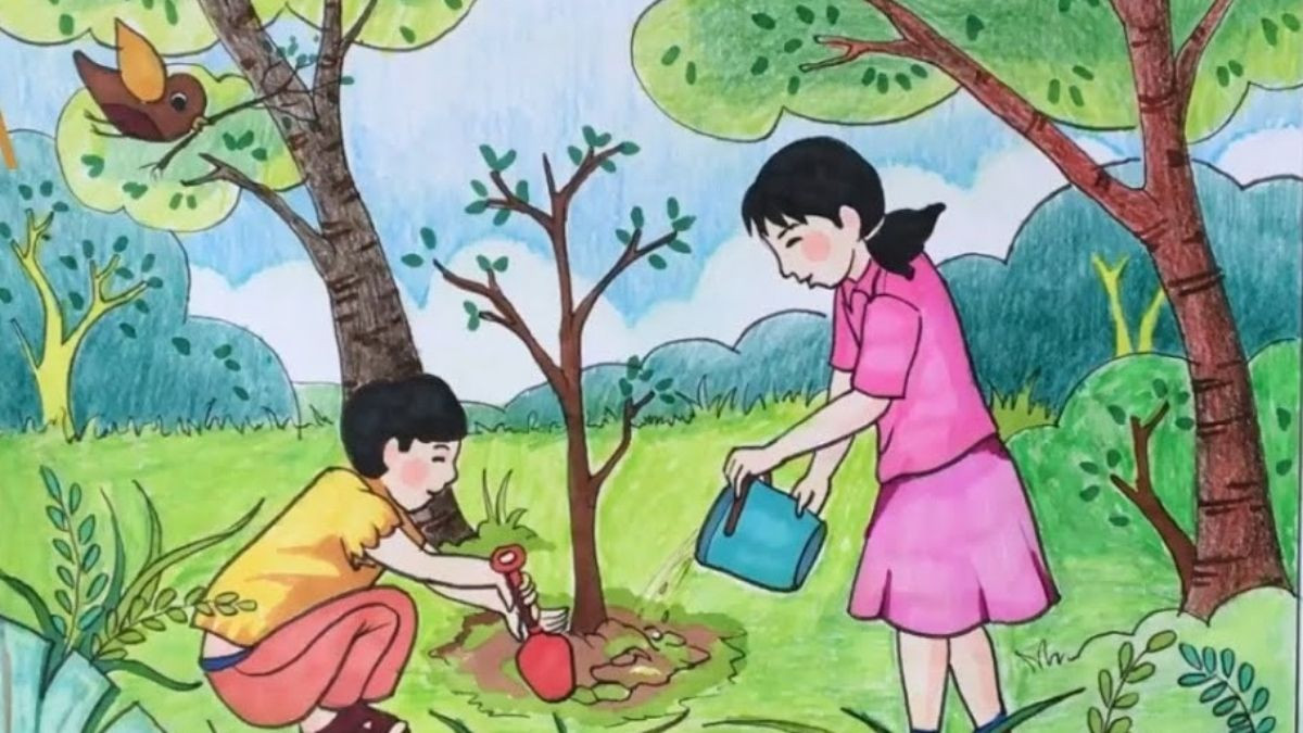 Ảnh vẽ trồng cây gây rừng, một trong những cách hiệu quả để bảo vệ môi trường