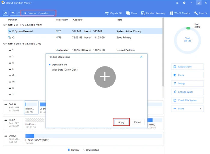 Áp dụng các thay đổi trong phần mềm dọn rác máy tính win 10 EaseUS Partition Master