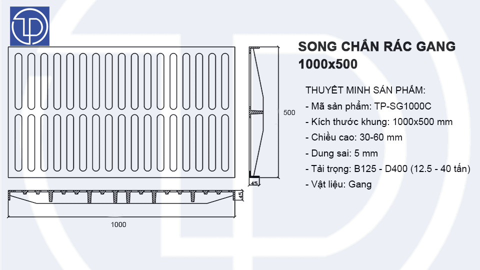 Bản vẽ kỹ thuật chi tiết song chắn rác gang 1000x500mm, mặt cắt