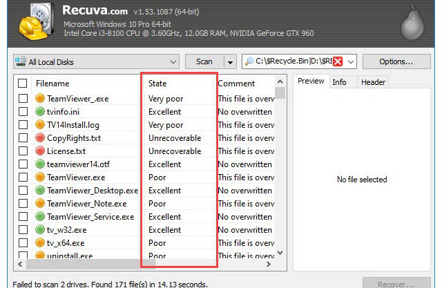 Bảng màu ước tính khả năng khôi phục file