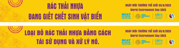Băng rôn kêu gọi hạn chế rác thải nhựa