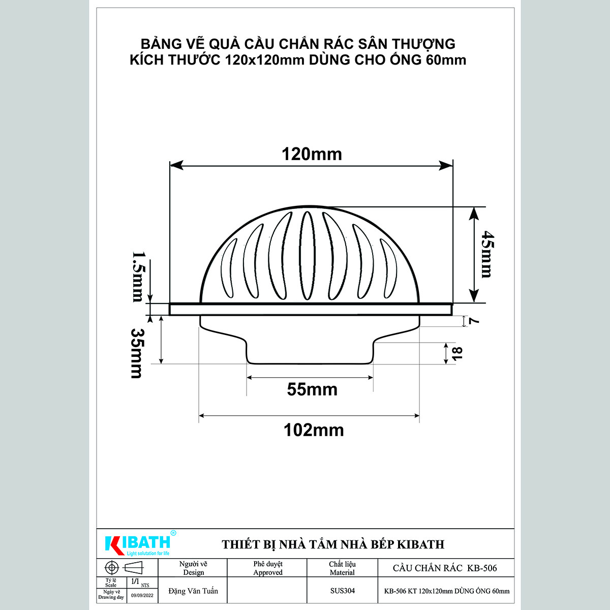 bảng vẽ chi tiết cầu chắn rác inox 304 kích thước 120x120mm cho ống D60mm