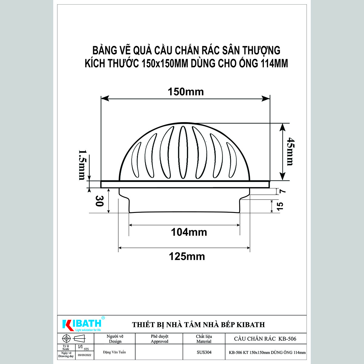 bảng vẽ chi tiết cầu chắn rác inox 304 kích thước 150x150mm cho ống D114mm