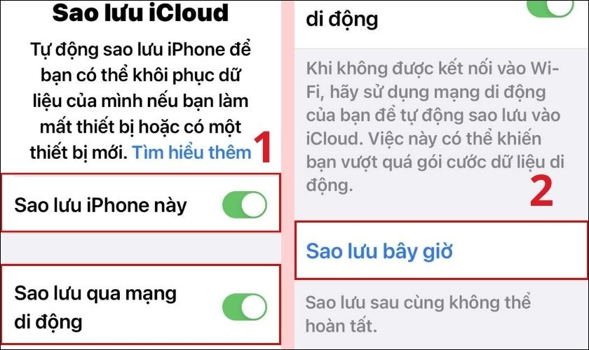Bật sao lưu iPhone này và sao lưu qua mạng di động trong cài đặt iCloud, đảm bảo tin nhắn luôn được bảo vệ