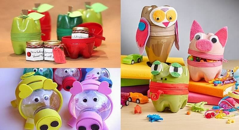 Bé chơi với đồ chơi tái chế từ vỏ chai nhựa, minh họa những ý tưởng bảo vệ môi trường sáng tạo cho trẻ