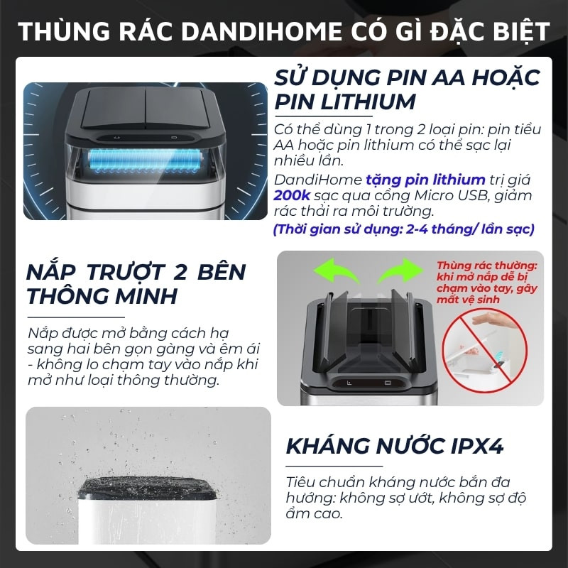 Bên trong thùng rác thông minh DandiHome, cho thấy không gian rộng rãi và khả năng sử dụng mọi loại túi rác tiêu chuẩn.