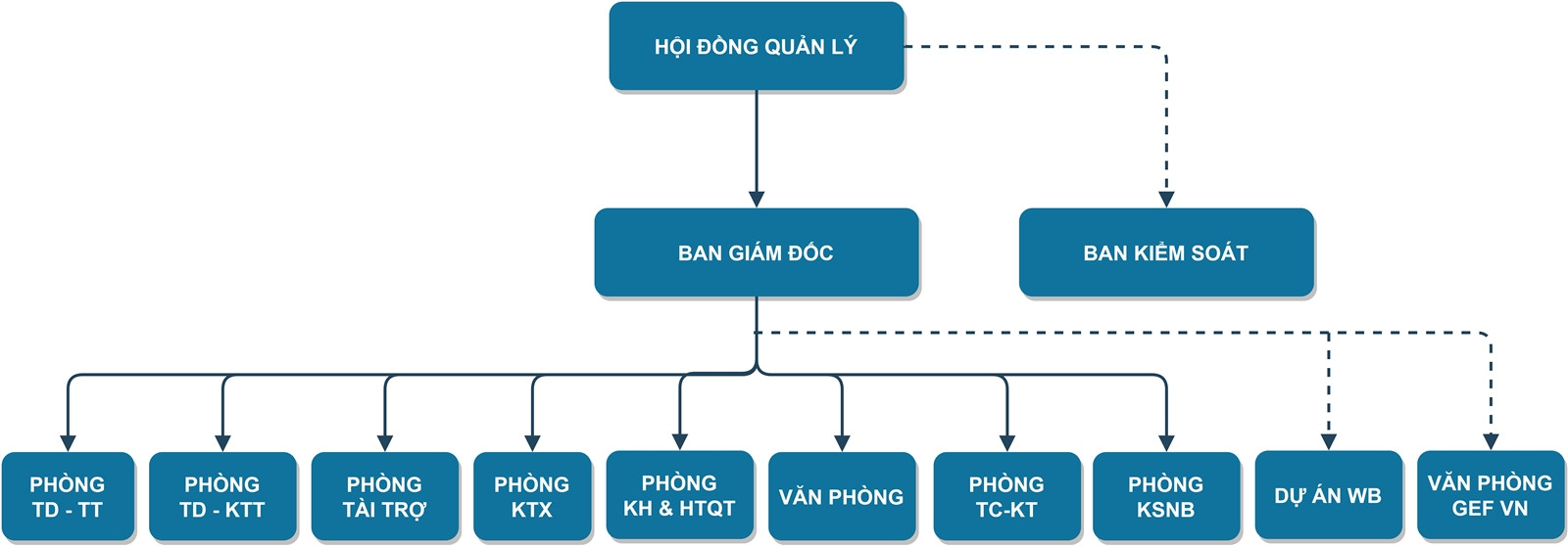 Biểu đồ cơ cấu tổ chức của Quỹ Bảo vệ Môi trường Việt Nam, thể hiện sự phân cấp và liên kết các phòng ban