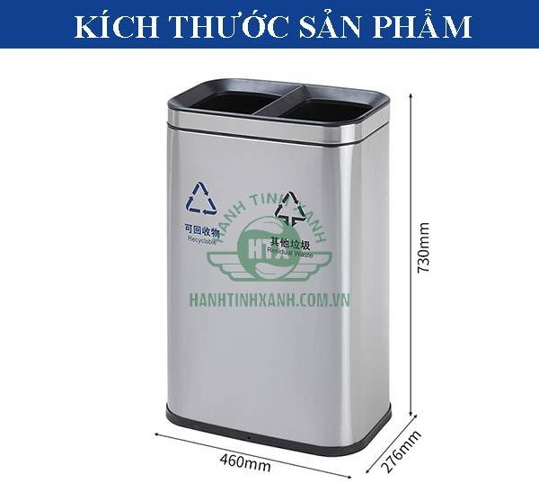 Biểu đồ kích thước chi tiết của thùng rác inox hai ngăn, hỗ trợ lựa chọn phù hợp cho văn phòng