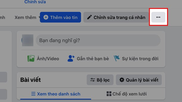 Biểu tượng ba dấu chấm để mở cài đặt trang cá nhân trên Facebook máy tính