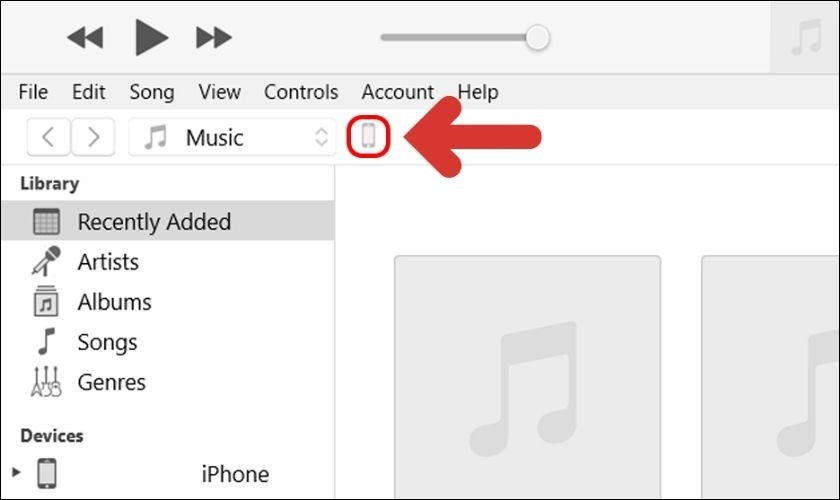 Biểu tượng thiết bị iPhone trong iTunes, cho phép quản lý và khôi phục dữ liệu từ bản sao lưu