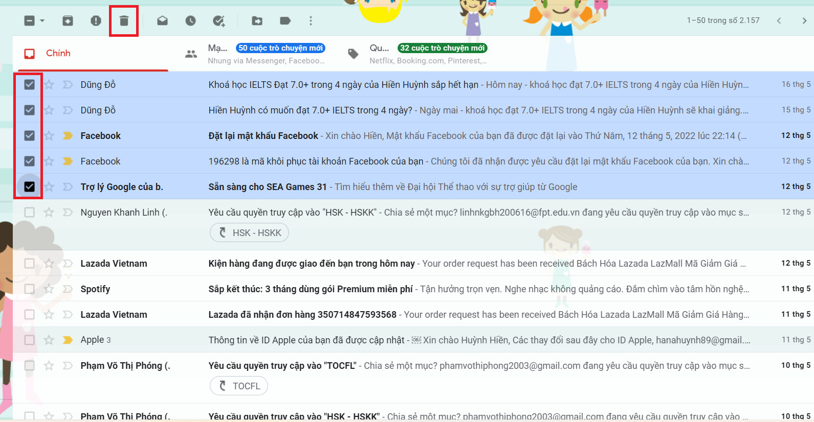 Biểu tượng thùng rác trên thanh công cụ sau khi chọn nhiều email, cho phép xóa hàng loạt và di chuyển chúng vào thùng rác Gmail.