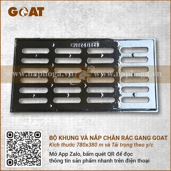 Bộ khung và nắp chắn rác gang cầu GOAT 780x380 mm