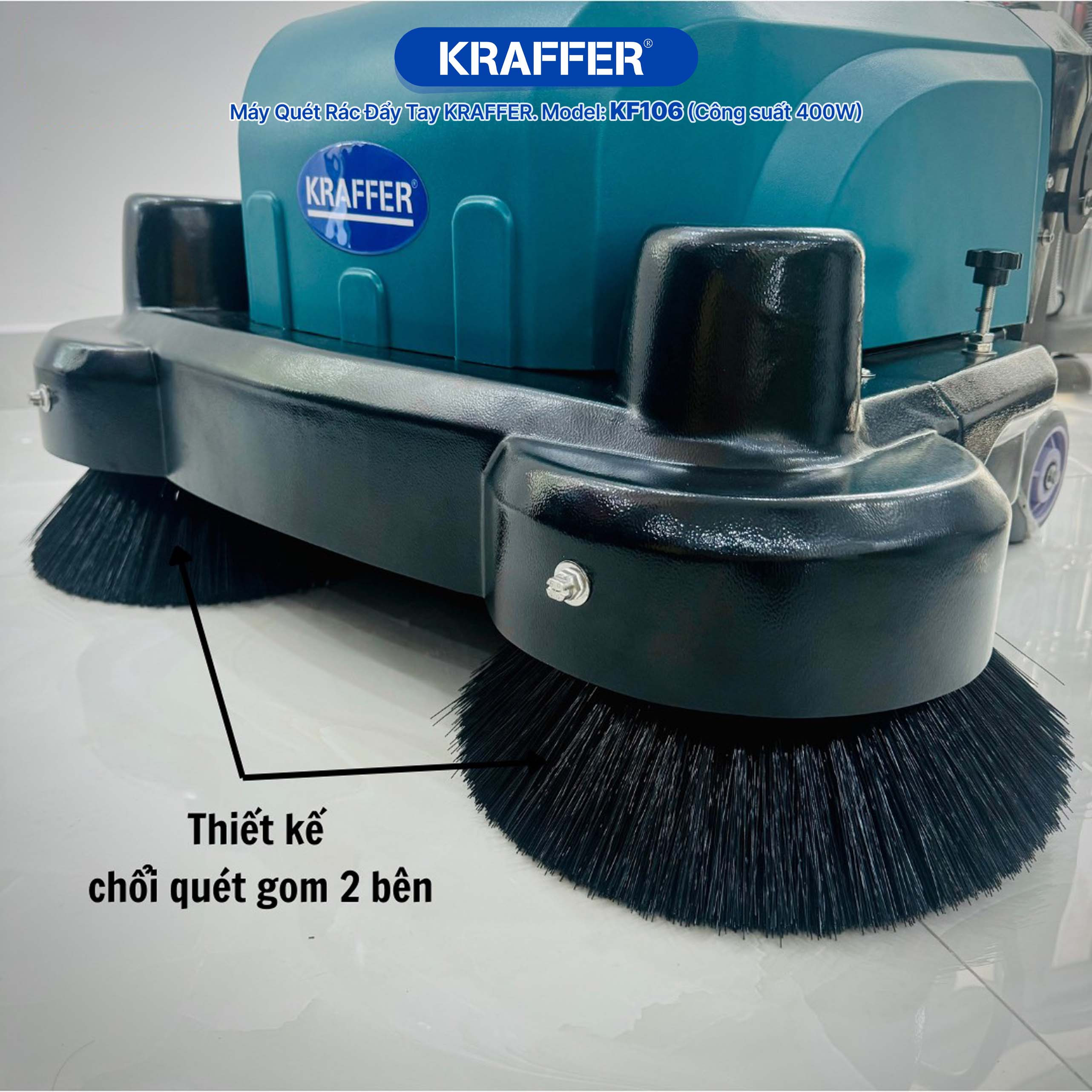 Bộ phận thùng chứa rác và hệ thống bánh xe của máy quét rác Kraffer KF106