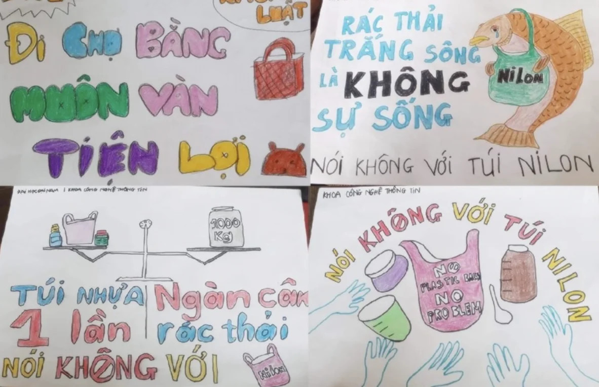 Bốn bức tranh tuyên truyền không sử dụng túi ni lông, minh họa cách vẽ rác thải nhựa để bảo vệ môi trường