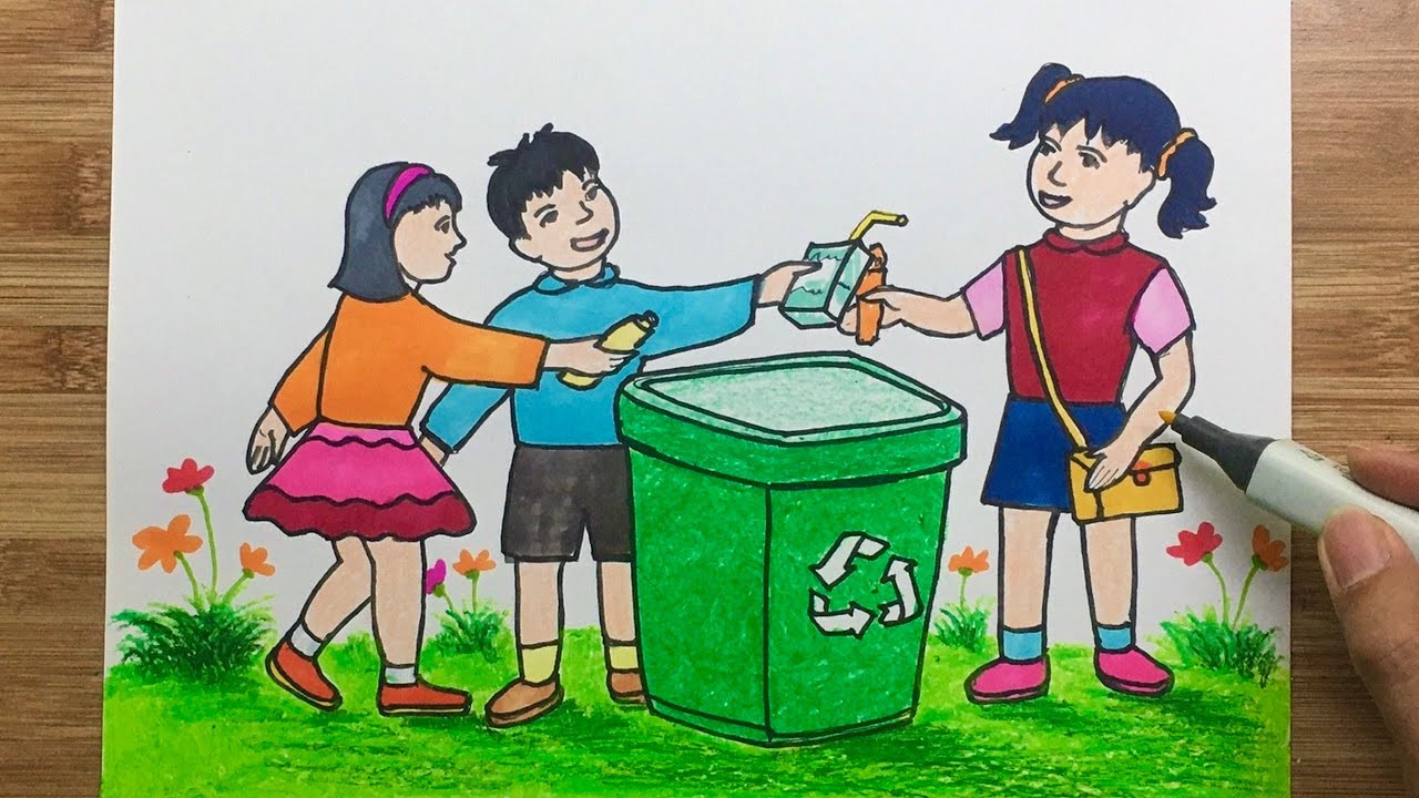 Bức tranh bảo vệ môi trường miêu tả trẻ em trồng cây và chăm sóc thiên nhiên
