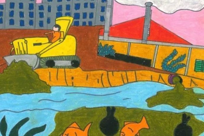 Bức tranh mô tả cảnh các nhà máy xả chất thải ra sông gây ô nhiễm nguồn nước