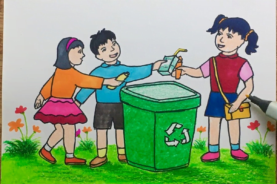 Bức tranh ý tưởng vẽ tranh bảo vệ môi trường đơn giản với hình ảnh bàn tay chăm sóc trái đất