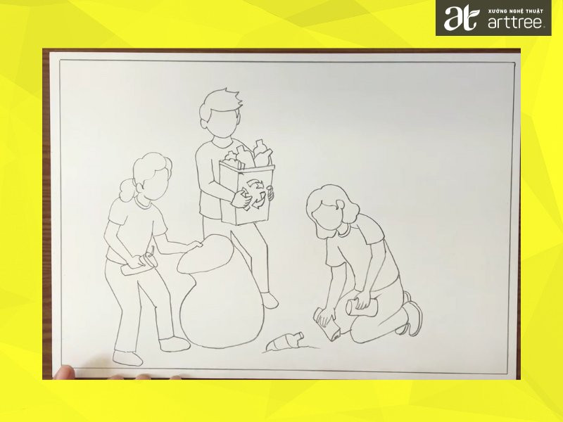 Bước 3 trong quy trình vẽ tranh học sinh bảo vệ môi trường: Thêm nhân vật thứ hai đang nhặt rác