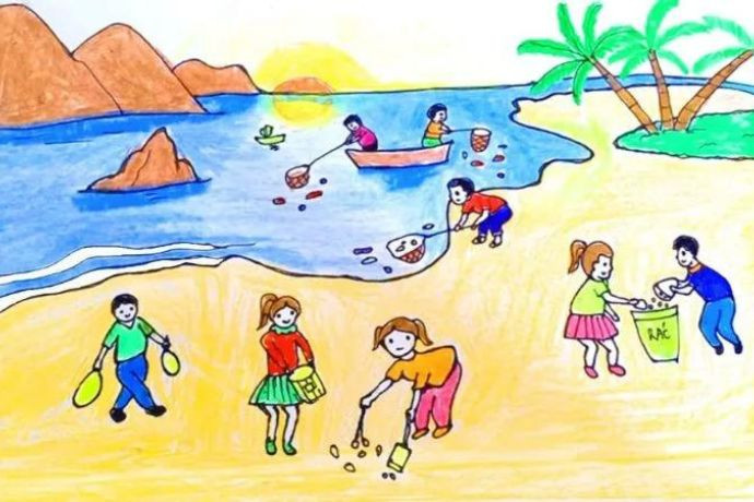 Các bạn học sinh dọn dẹp vệ sinh bãi biển, thể hiện tinh thần chung tay bảo vệ môi trường