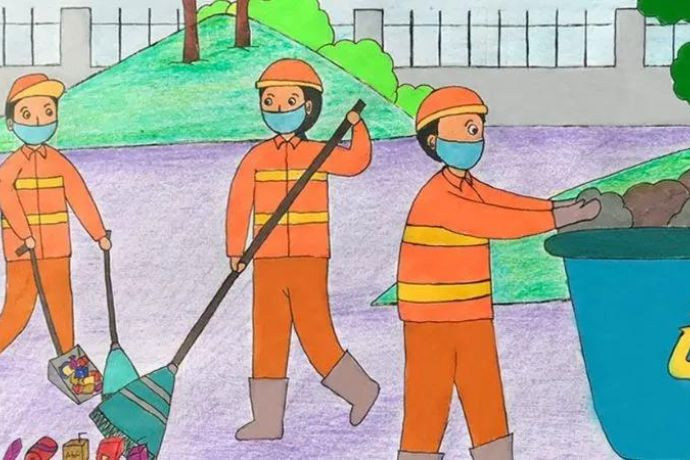 Các cô chú lao công đang quét dọn con đường, hình ảnh của những người giữ gìn vệ sinh môi trường