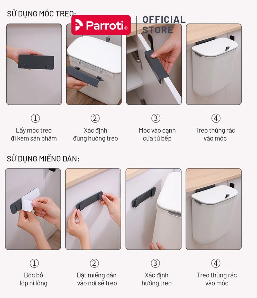 Các thành phần của bộ sản phẩm thùng rác treo tường: thùng, ray, miếng dán và vòng cố định
