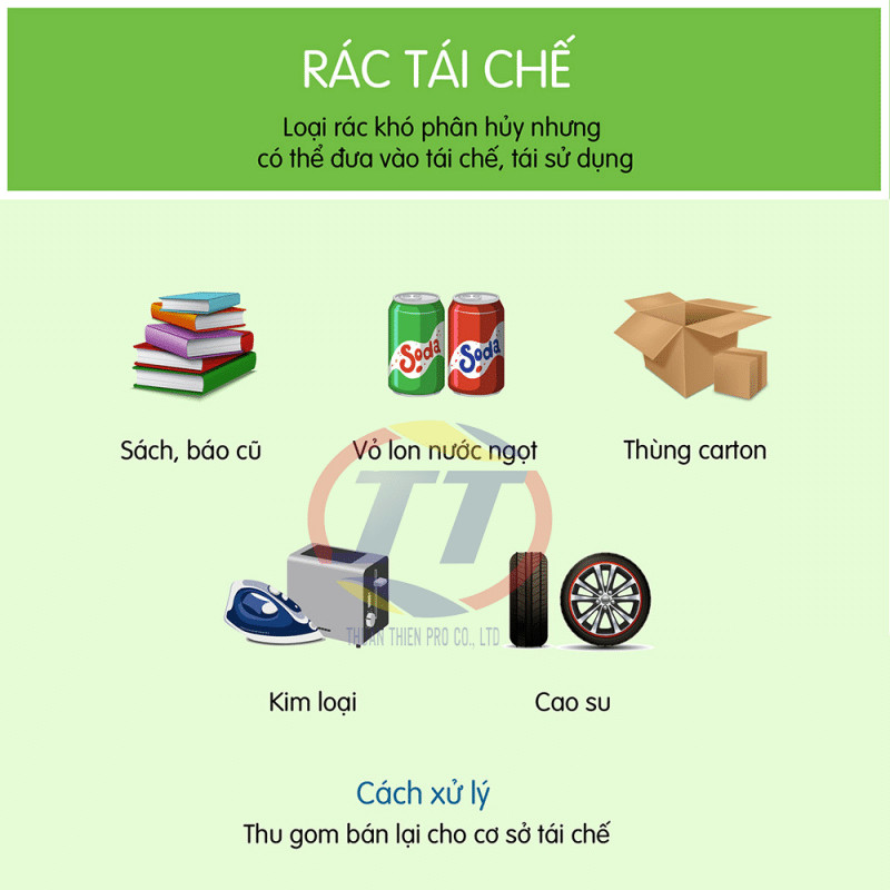 Các vật liệu rác tái chế phổ biến như chai nhựa, giấy, kim loại có thể tái sử dụng