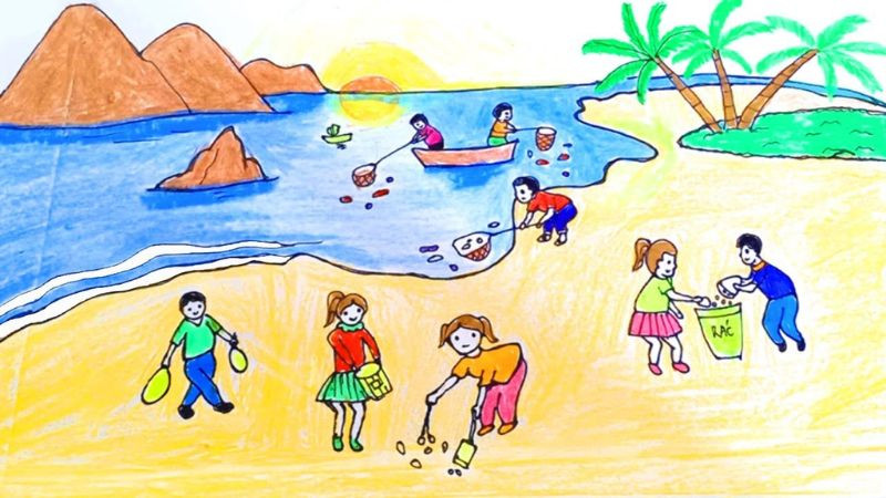 Cách vẽ tranh bảo vệ môi trường: Tranh mẫu bảo vệ biển khỏi rác thải