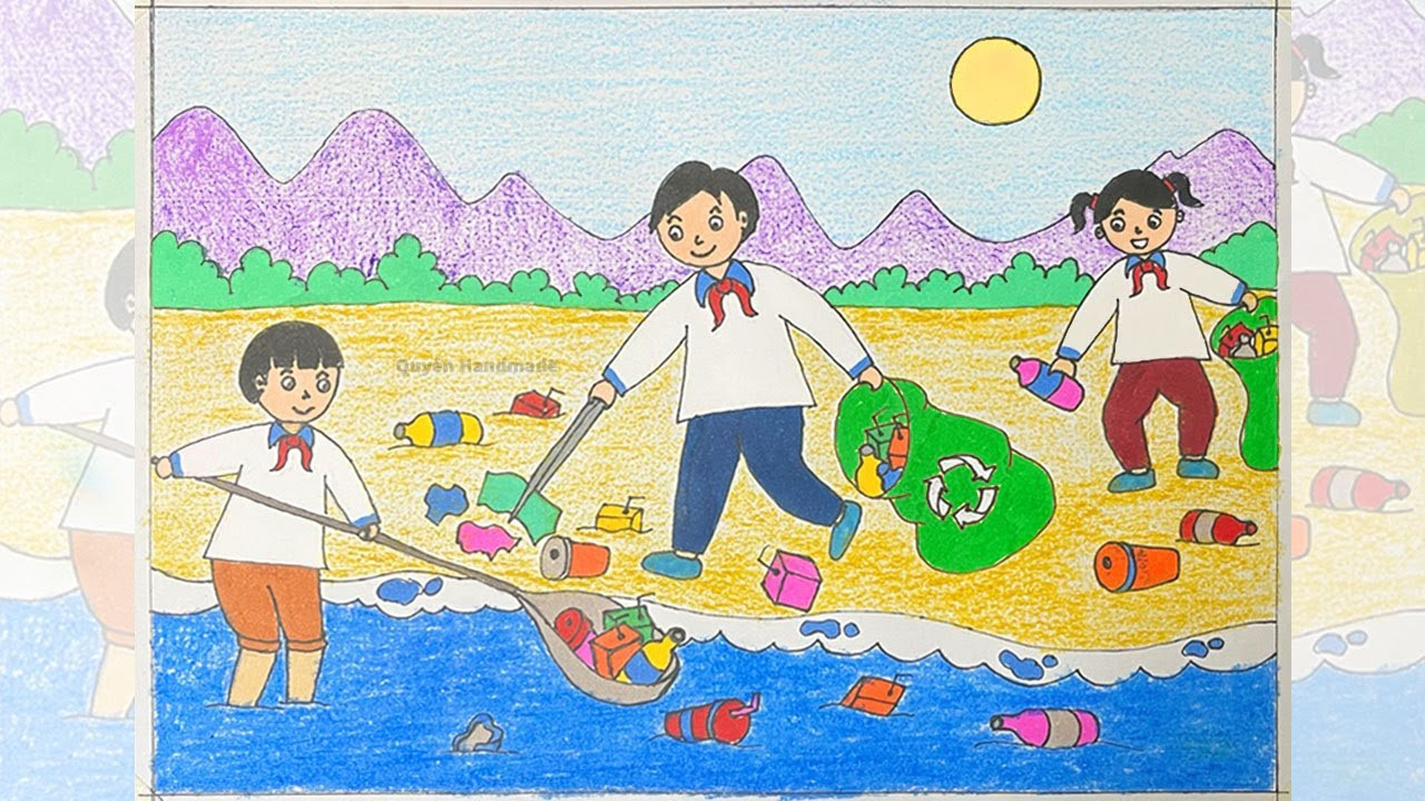 Cách vẽ tranh bảo vệ môi trường: Tranh mẫu dọn dẹp rác thải trên biển