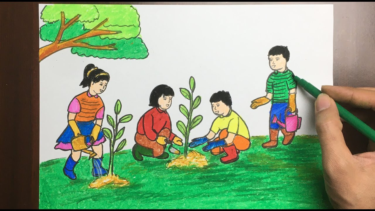 Cách vẽ tranh bảo vệ môi trường: Tranh mẫu gia đình cùng nhau trồng cây