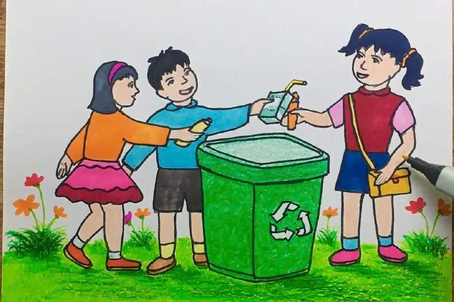Cách vẽ tranh bảo vệ môi trường: Tranh mẫu hoạt động nhặt rác cộng đồng