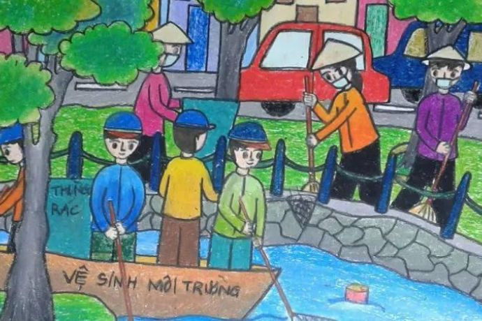 Cách vẽ tranh bảo vệ môi trường: Tranh mẫu người dân quét dọn đường làng