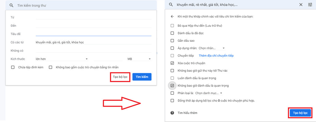 Cài đặt bộ lọc Gmail với các tùy chọn hành động xử lý email như xóa, đánh dấu đã đọc, chuyển tiếp.