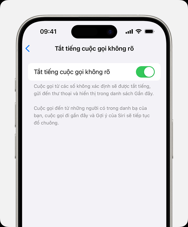 Cài đặt điện thoại trên iPhone cho phép bật tính năng Tắt tiếng cuộc gọi không rõ để hạn chế cuộc gọi rác