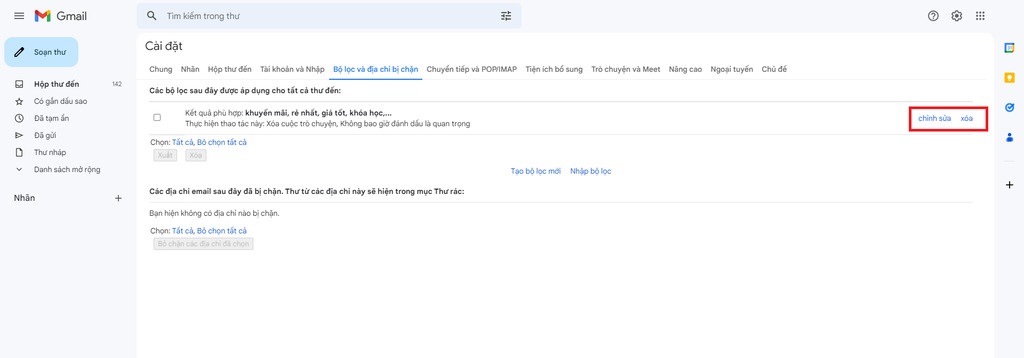 Cài đặt Gmail hiển thị danh sách các bộ lọc đã tạo cùng với các tùy chọn "Chỉnh sửa" và "Xóa".
