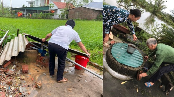 Cán bộ y tế hướng dẫn người dân kỹ thuật xử lý nước sinh hoạt, là một ảnh bảo vệ môi trường nước cộng đồng.