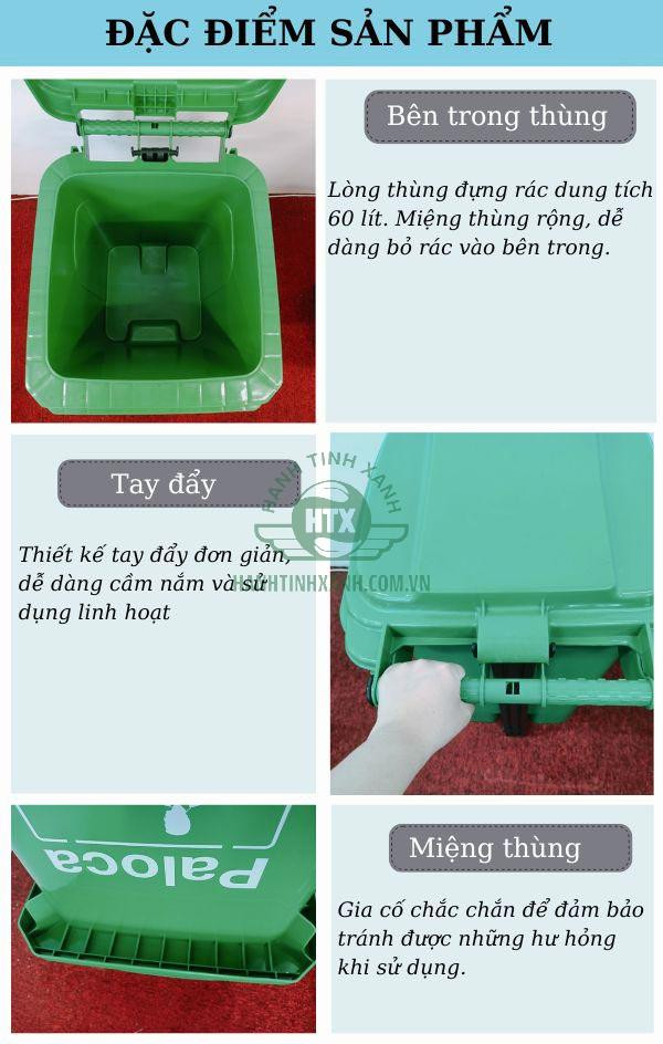 Cận cảnh các bộ phận của thùng rác đạp chân Paloca 60L