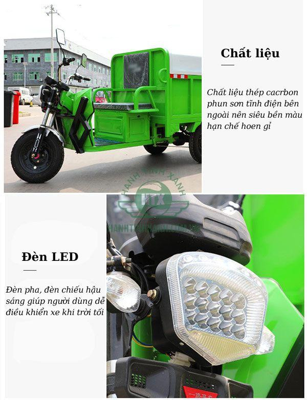 Cận cảnh các chi tiết cấu tạo của xe điện chở rác, bao gồm thùng rác và hệ thống khung