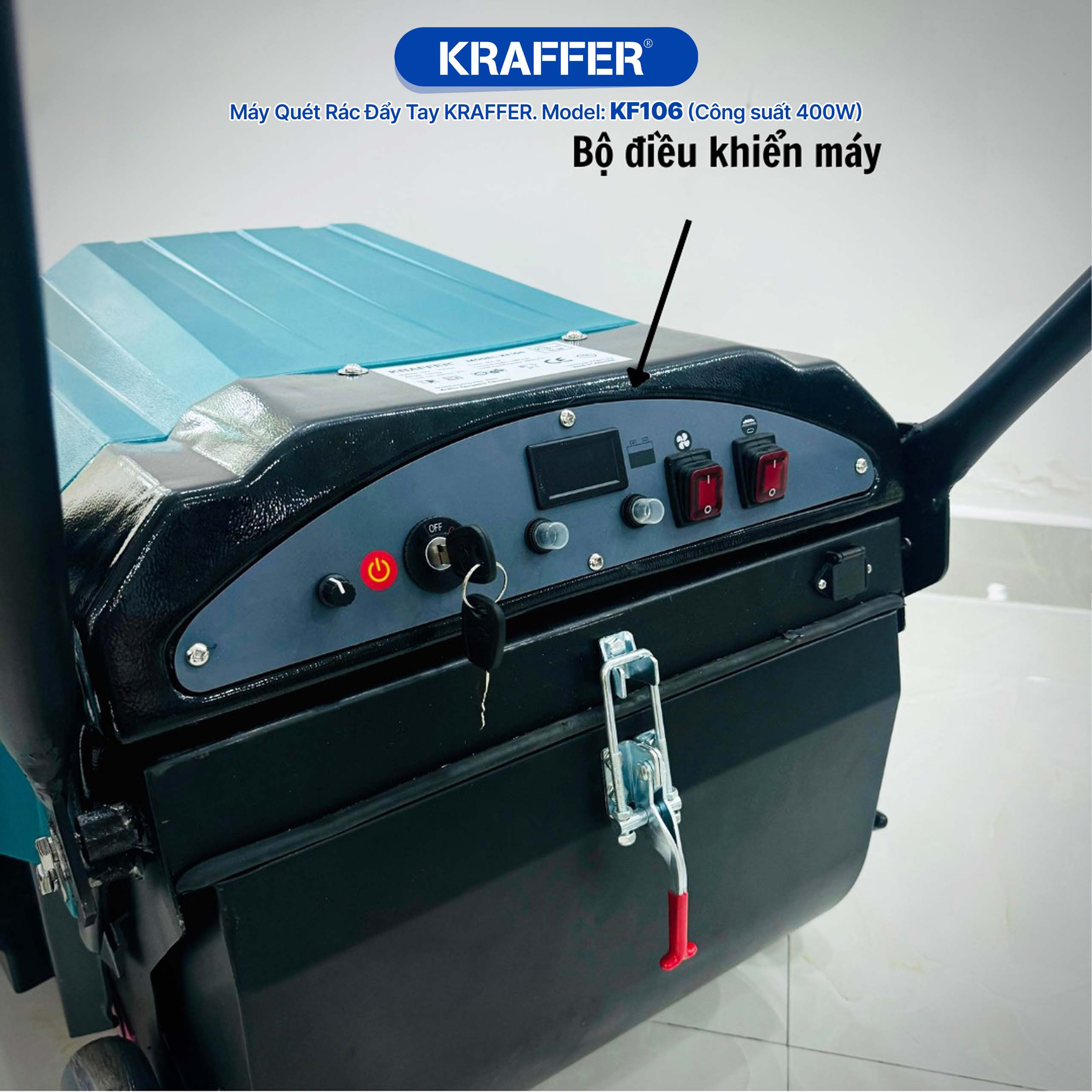 Cận cảnh chổi quét của máy quét rác đẩy tay Kraffer KF106 hoạt động