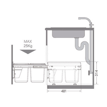 Cận cảnh thùng rác dưới bồn rửa với cơ chế kéo giảm chấn, dễ dàng phân loại