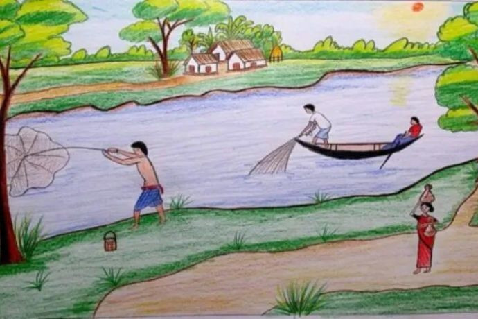 Cảnh bình yên của làng chài ven sông, tượng trưng cho vẻ đẹp và sự sống dựa vào nguồn nước sạch