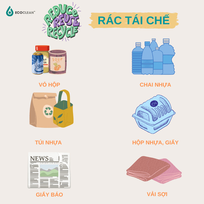 Chai nhựa và lon kim loại là những vật liệu phổ biến có thể tái chế thành sản phẩm mới