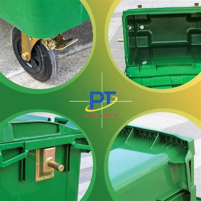 Chi tiết các bộ phận như nắp đậy, bánh xe, tay đẩy của thùng rác 660L