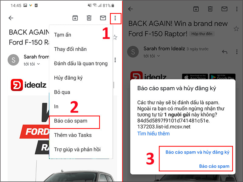 Chọn báo cáo spam để chặn thư rác và bảo vệ hộp thư