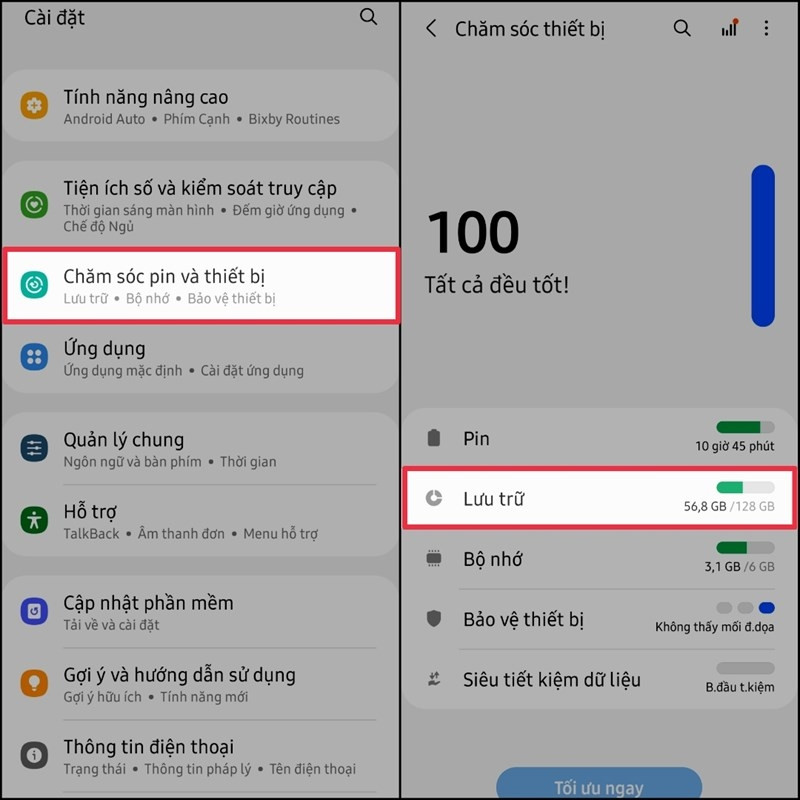 Chọn Chăm sóc Pin và thiết bị trong Cài đặt Samsung