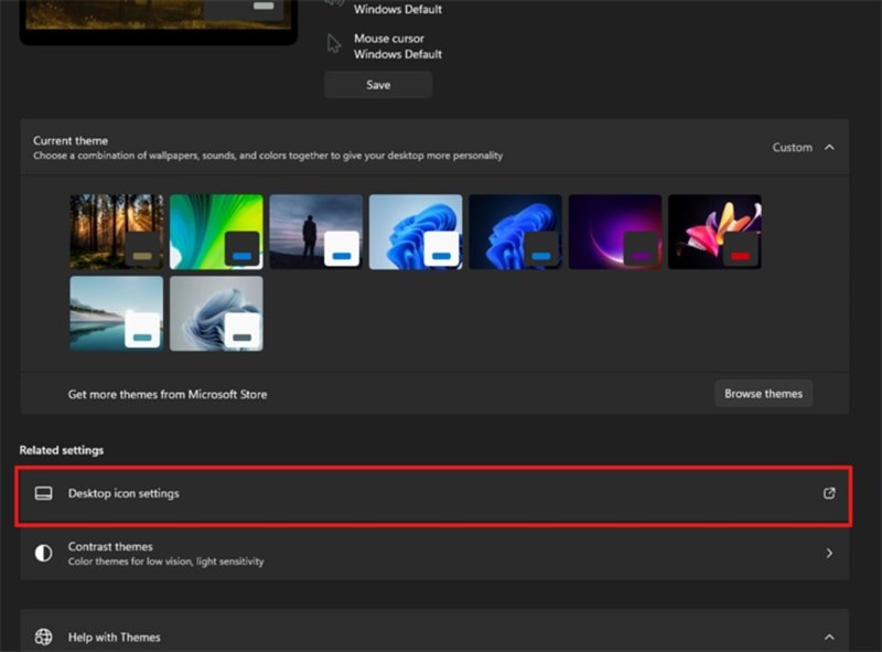 Chọn Desktop icon settings từ cửa sổ Themes
