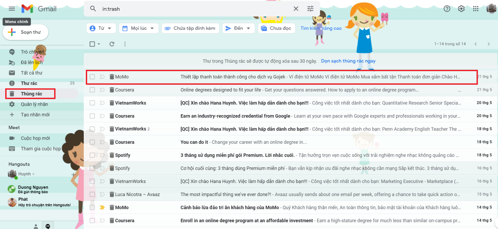 Chọn email trong thùng rác để khôi phục