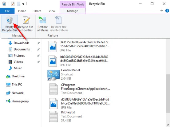 Chọn Empty Recycle Bin từ File Explorer Ribbon